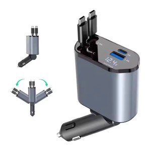 Fast Car Phone Station Charger 4 in 1 LED Digital Display Retractable 2 Cables Type C