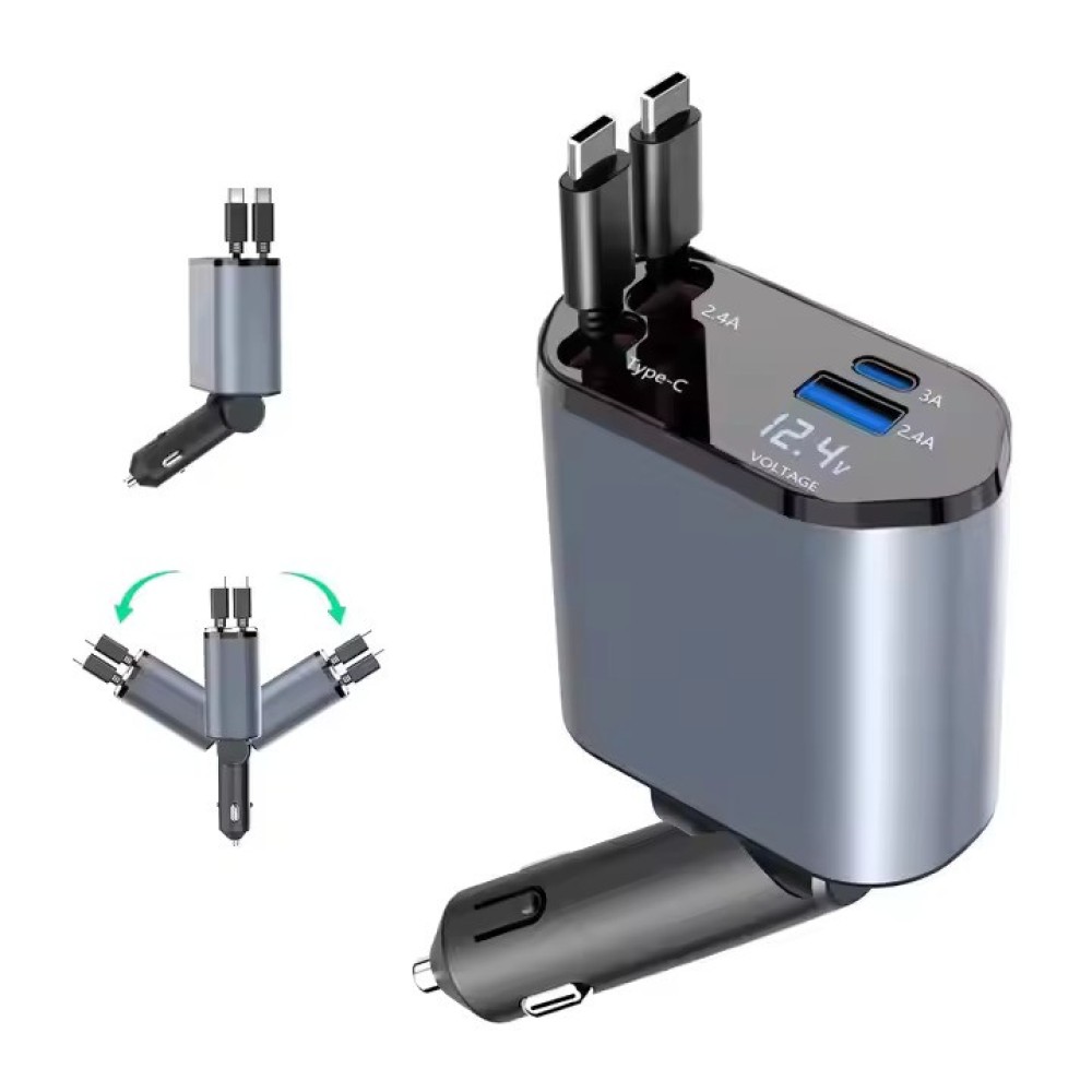Fast Car Phone Station Charger 4 in 1 LED Digital Display Retractable 2 Cables Type C